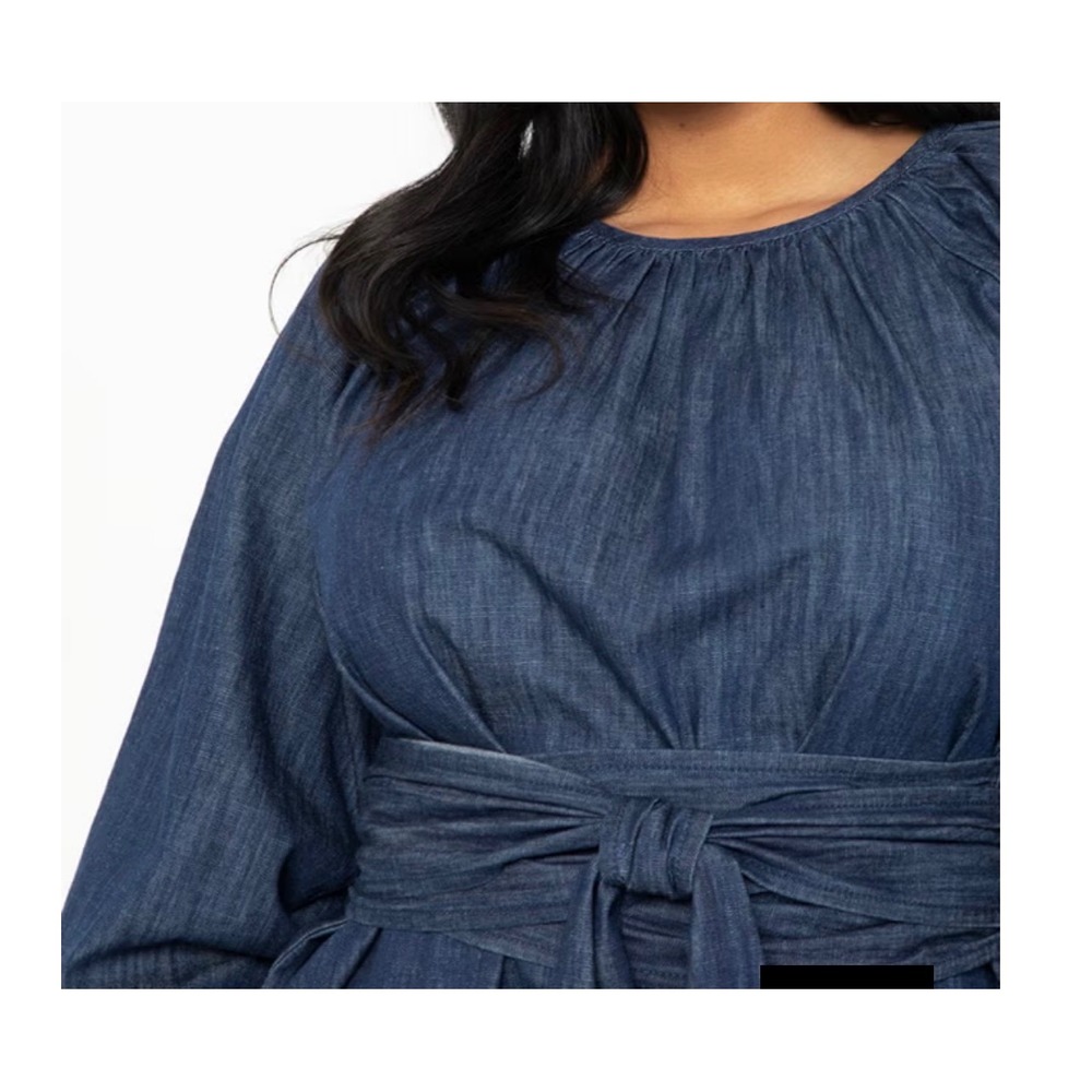 Eloquii Womens Size 16 Dramatic Peplum Denim Wrap Tie Waist Tunic Blouse - Picture 3 of 15